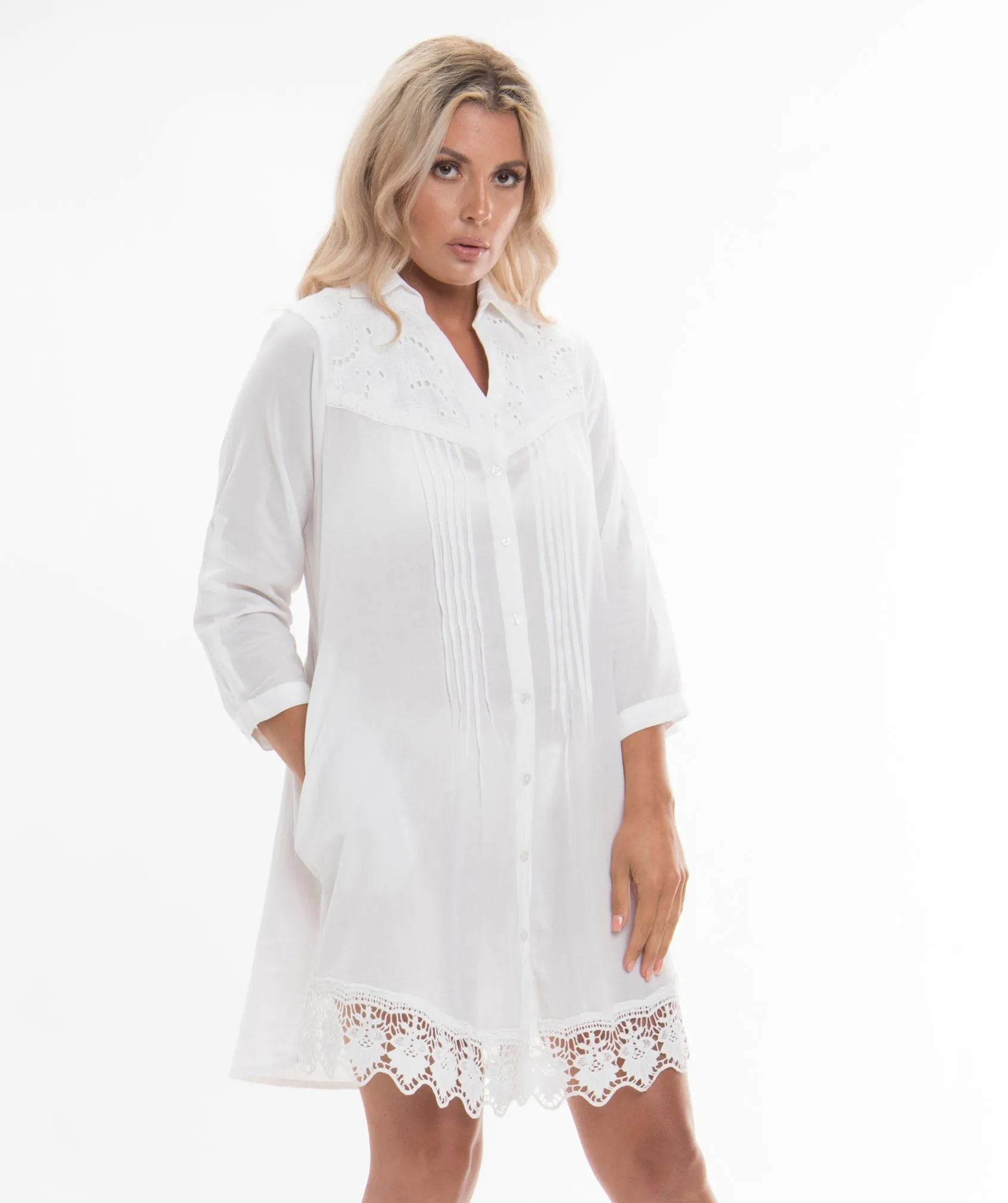 White Self Print Cotton Beach Tunic with Lace Trim