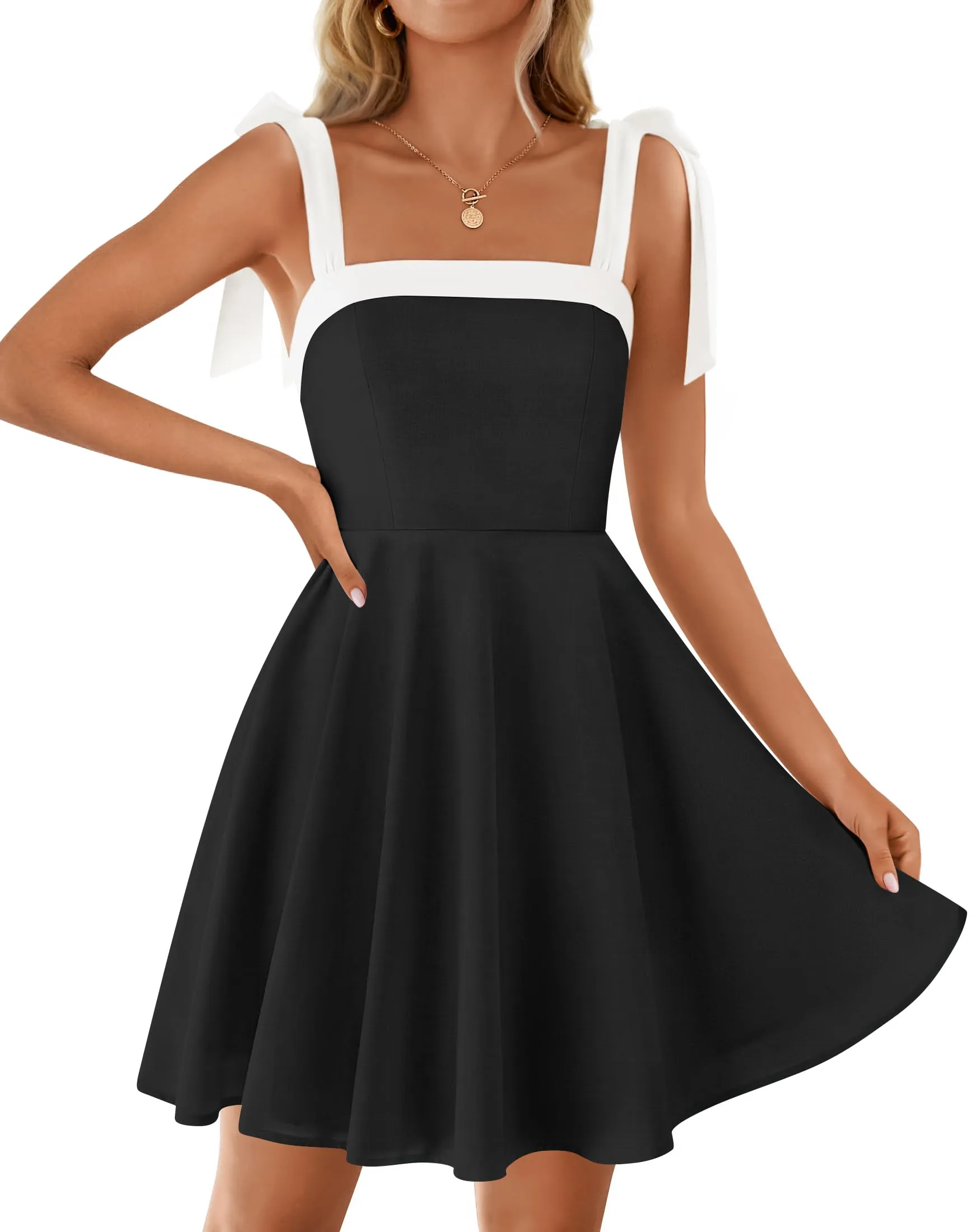 ZESICA Boho Square Neck Tie Shoulder Short Sundresses